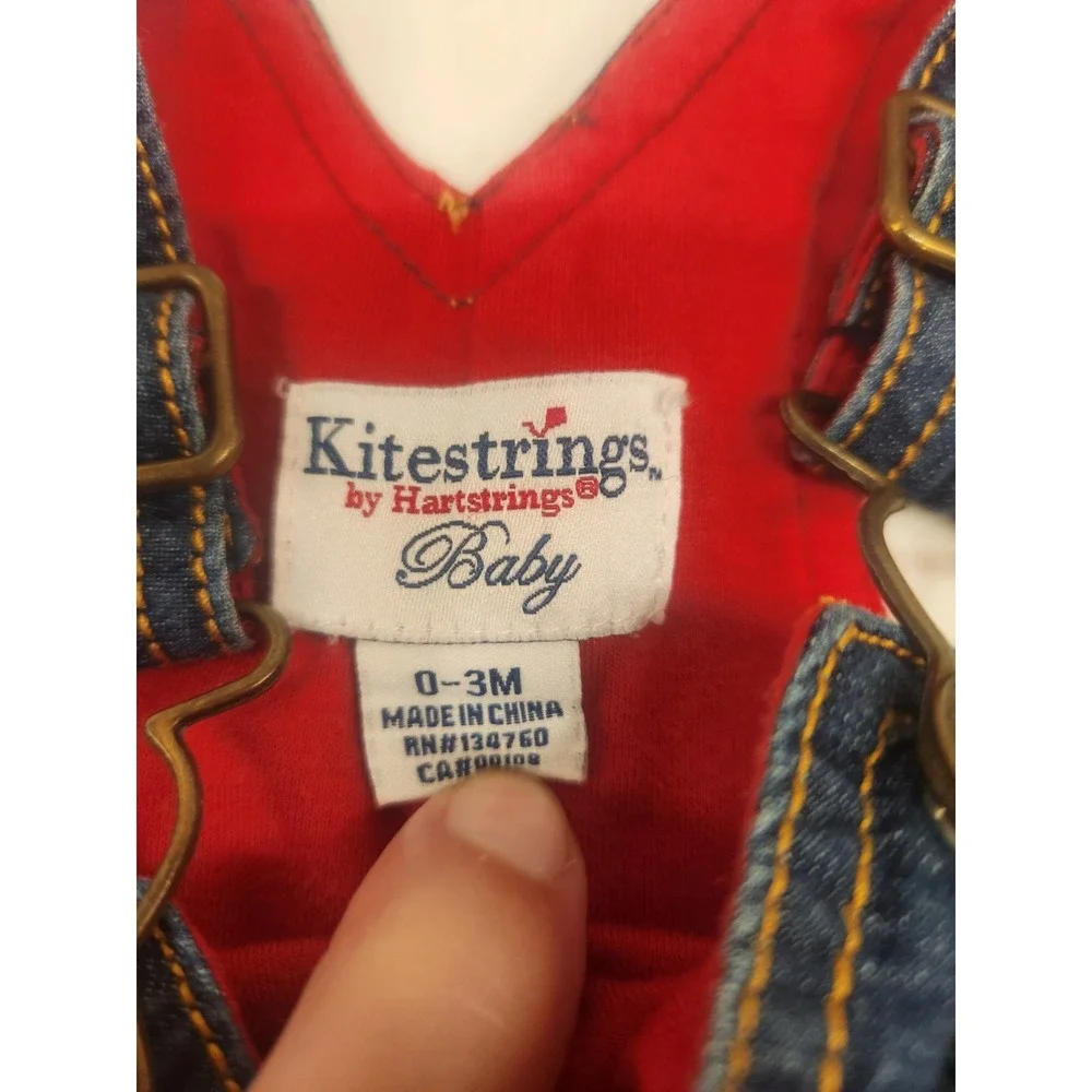 Kitestrings By‎ Hartstrings Blue Denim Overalls Teddy Bear Embroidery 0-3 Months